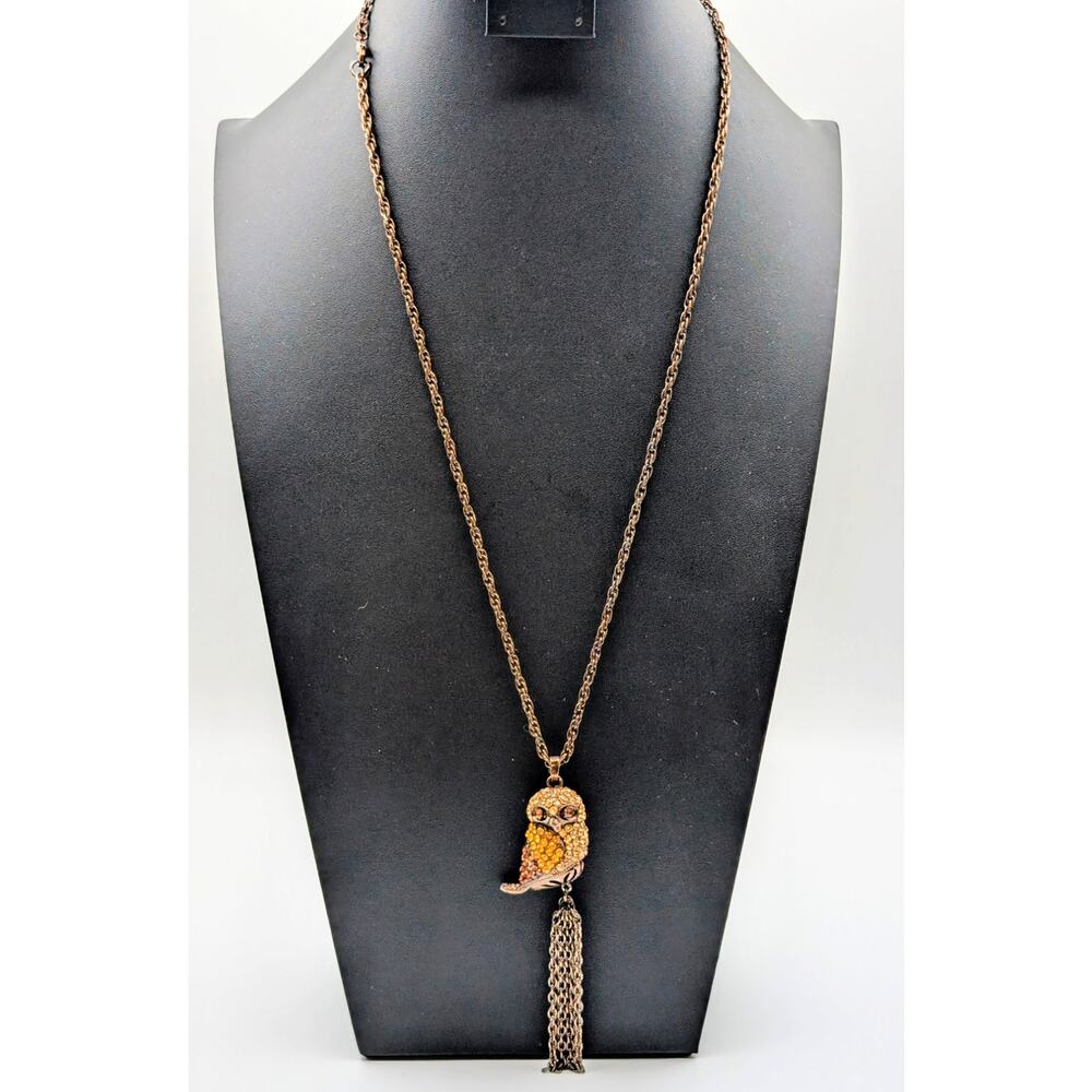 Bronze Rope Chain Brown Gold Rhinestone Owl Tassel 26" Necklace